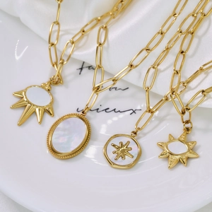Chic 14K gold plated stainless steel chunky chain necklaces with sun and starburst pendants