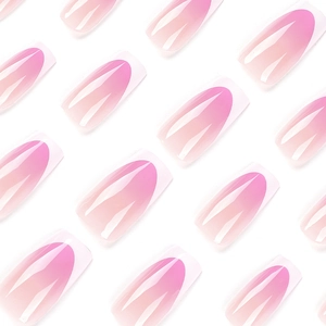 Long square press-on nails with white French tips and pink ombre gradient design