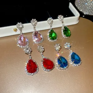 Sparkling silver needle teardrop earrings with crystals in red, green, blue and pink