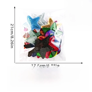 Size chart showing 56 pieces star and heart sequin patches with 21x17.5cm dimensions