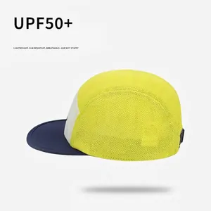 UPF50+ breathable mesh sports cap with yellow crown and navy blue contrast brim