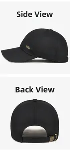 Detail view of black baseball cap showing vintage side badge and metal back buckle