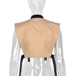 Detail view of khaki utility vest back featuring black straps and ribbed stand collar