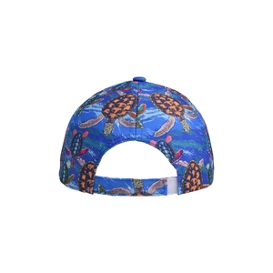 Rear view of adjustable blue baseball cap featuring colorful sea turtle print pattern