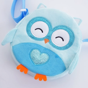 Cute light blue plush owl crossbody bag for kids with sparkling sequin embroidery detail
