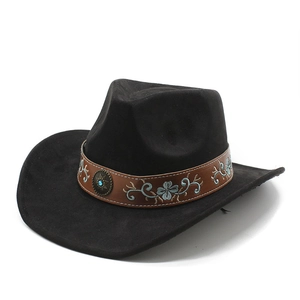 Chapeau de cowboy noir en daim avec ruban en cuir brodé de fleurs et pierre précieuse