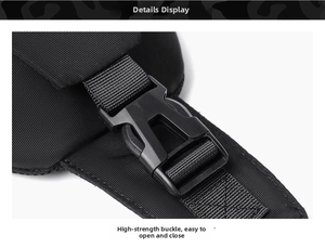 Detail of durable black plastic buckle and high-density nylon webbing on chest bag