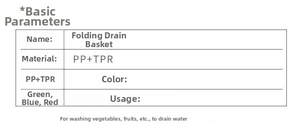 Detailed chart showing PP and TPR material specs for foldable silicone drain baskets