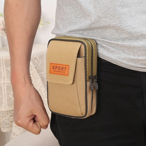 Men's khaki canvas waist bag with dual zippers and belt loop for outdoor sports