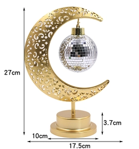 Lámpara de mesa luna Eid Mubarak con bola disco, diseño hueco de hierro dorado, luz decorativa.