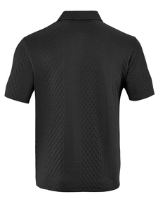 Back view of black men's polo shirt showing premium breathable geometric jacquard texture