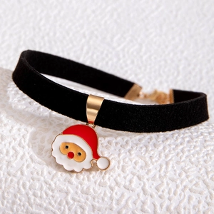 Black velvet Christmas choker necklace with cute Santa Claus enamel pendant and gold clasp