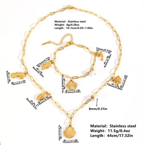 Golden stainless steel marine theme jewelry set with pearl seashell and seahorse charms