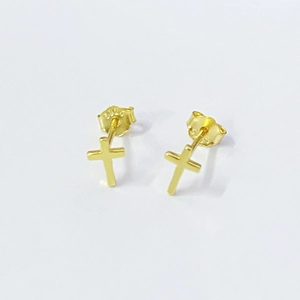Polished gold S925 sterling silver cross stud earrings for men and women on white background