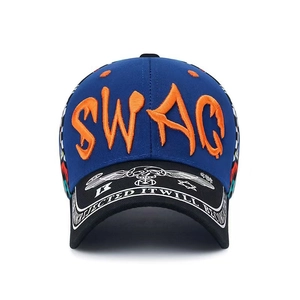 Blue baseball cap with orange SWAG embroidery and patterned brim shown on white background