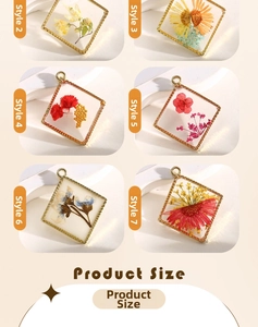 Detail of square 30mm dried flower resin charms with gold woven borders and loop