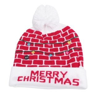 Close-up of LED Christmas beanie with ON/OFF switch and Merry Christmas text