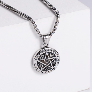 Vintage silver viking pentagram necklace with runic circles on geometric stand