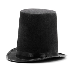Classic black felt top hat with elegant satin ribbon band for formal gentleman costume