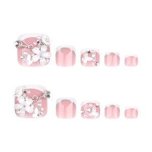 French style press-on toenails with 3D flowers, pearls and silver tips in pink