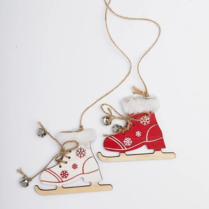 Christmas wooden ice skate ornaments with bells and hemp ropes in red and white colors
