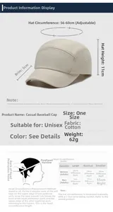Size chart showing adjustable cotton baseball cap dimensions with 56-60cm circumference