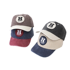 Kids vintage washed cotton baseball caps with Happy embroidery in four contrast colors