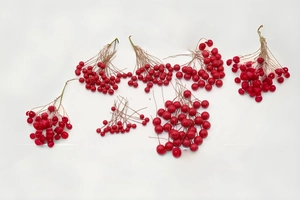 Macro shot of realistic bright red artificial berry clusters with glossy foam texture