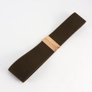 Elastic wide belt with dark coffee woven strap and rose gold metal buckle detail