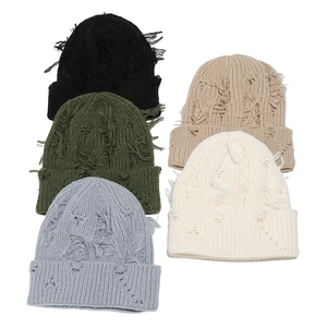 Distressed Knit Beanie Hat Acrylic Warm Winter Outdoor Hip Hop Streetwear Style For Men Women