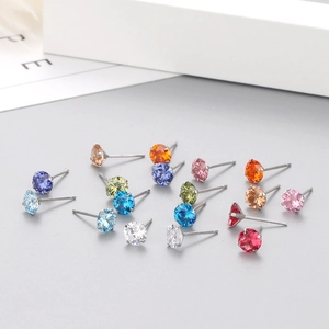 Minimalist S925 sterling silver four-claw earrings set with colorful round cubic zirconia