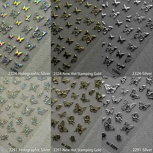 3D butterfly nail stickers in laser silver and gold relief with embossed 5D textures
