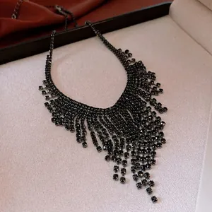 Luxury vintage black rhinestone fringe necklace with elegant crystal tassels for women