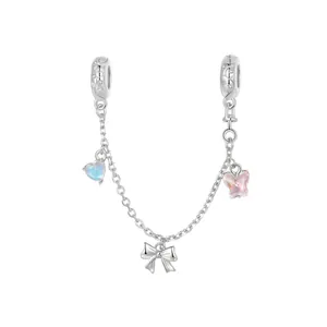 S925 Sterling Silver Ballet Bow Safety Chain With Iridescent Butterfly Heart Charms For DIY Bracelet Jewelry Accessories