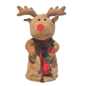 Electric musical reindeer plush with red nose and plaid scarf on white background