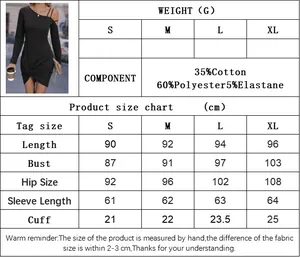 Guía de tallas para vestido con hombros descubiertos con medidas S-XL y composición de tela