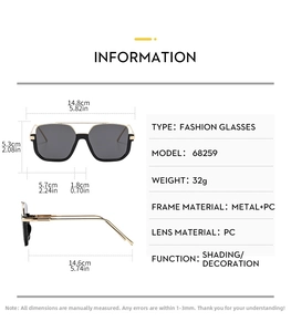 Detailed size specifications for double bridge semi-rimless fashion sunglasses model 68259