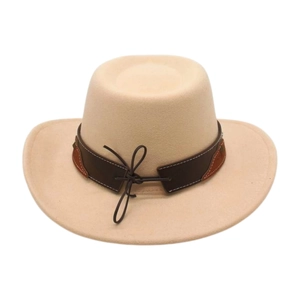 Detail of beige wool felt fedora featuring a brown leather band with contrast stitching