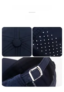 Detail of dark blue baseball cap showing laser-cut holes and metal buckle strap