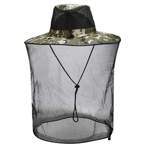 Detail of outdoor camouflage fishing hat featuring breathable mesh top and mosquito net