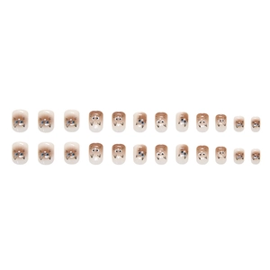 24pcs short round press-on nails with cute cat face design in brown and nude gradient