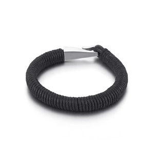 Men's black braided leather bracelet with stainless steel U-shaped hook clasp closure
