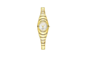 Detail of gold quartz watch featuring a white mother of pearl dial and rhinestone accents