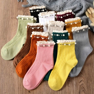 Women Combed Cotton Crew Socks Lace Trim Faux Artificial Pearl Decorative Ribbed Knit Retro Sweet Style Soft Breathable Hosiery