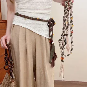 Hand Woven Bohemian Waist Chain Belt Ethnic Beaded Tassel Retro Cotton Linen Resin Glass Decorative Belt For Women