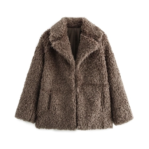 Women Faux Fur Jacket Solid Brown Teddy Fleece Coat Large Lapel Single Breasted Warm Winter Outerwear Chic