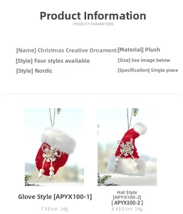 Detail of red knitted Christmas glove and hat pendants with faux fur and wooden buttons