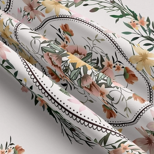 Close-up of floral tapestry fabric showing soft texture and detailed botanical print