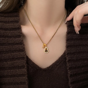 Gourd Pendant Necklace 18K Gold Plated Tiger Eye Stone Cubic Zirconia Retro New Chinese Style Jewelry For Women