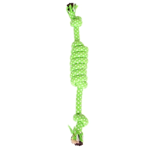 Close-up of green and white braided cotton dog chew rope for pet dental care